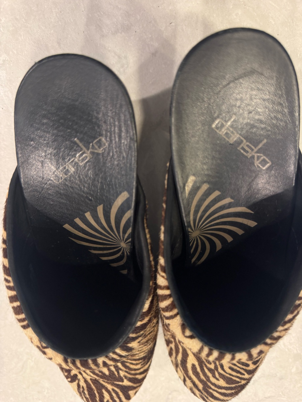 Dansko Rae Calf Hair Heeled Mules Brown and Cream Zebra-Print Clogs - Picture 5 of 8
